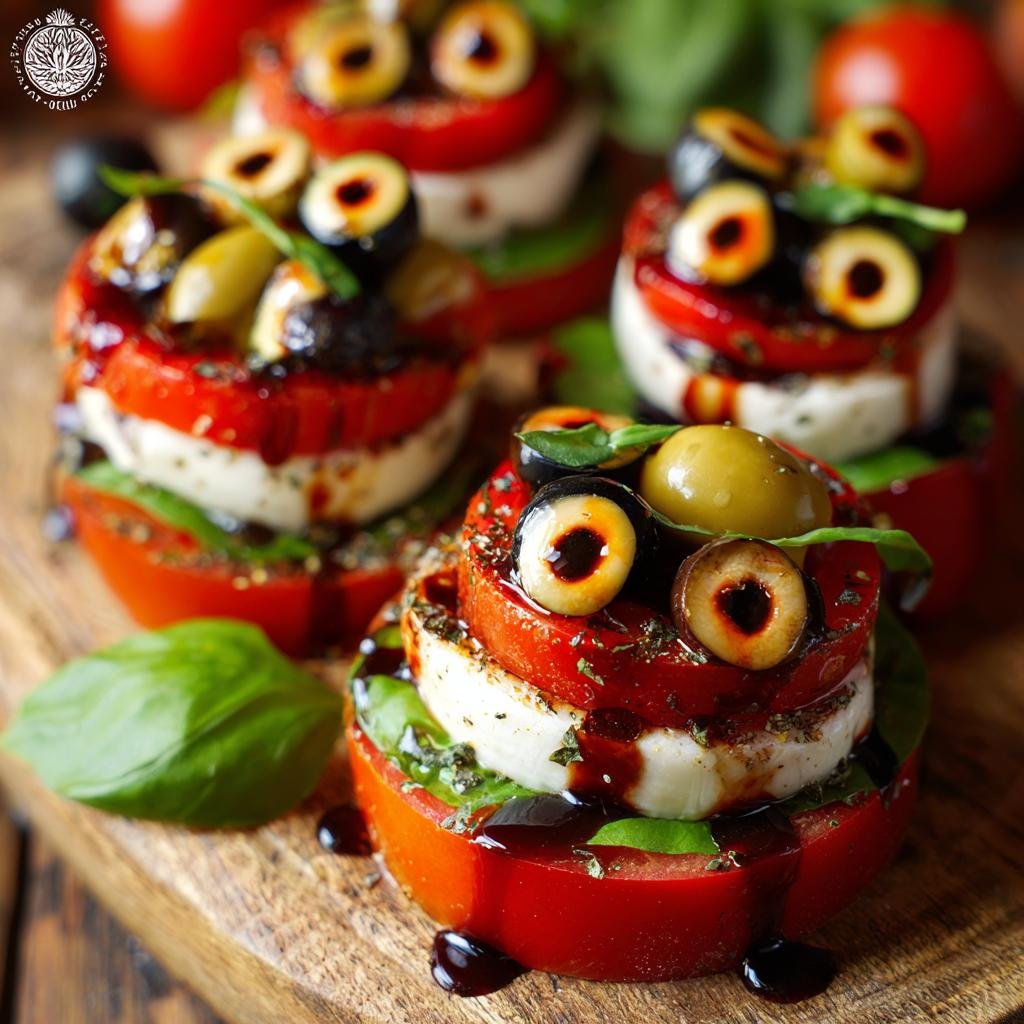 Several Bloody Eyeball Caprese appetizers on a wooden board, made with tomatoes, mozzarella, olives, and balsamic glaze.