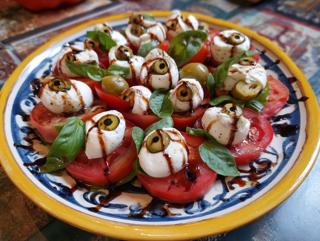 A plate of Bloody Eyeball Caprese salad featuring tomato slices, mozzarella 'eyeballs' with olives, basil, and balsamic glaze.