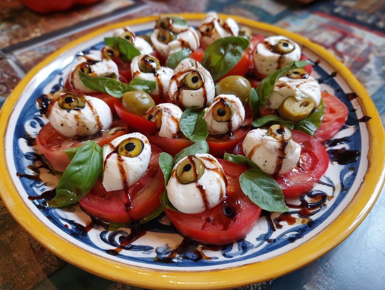 A plate of Bloody Eyeball Caprese salad featuring tomato slices, mozzarella 'eyeballs' with olives, basil, and balsamic glaze.