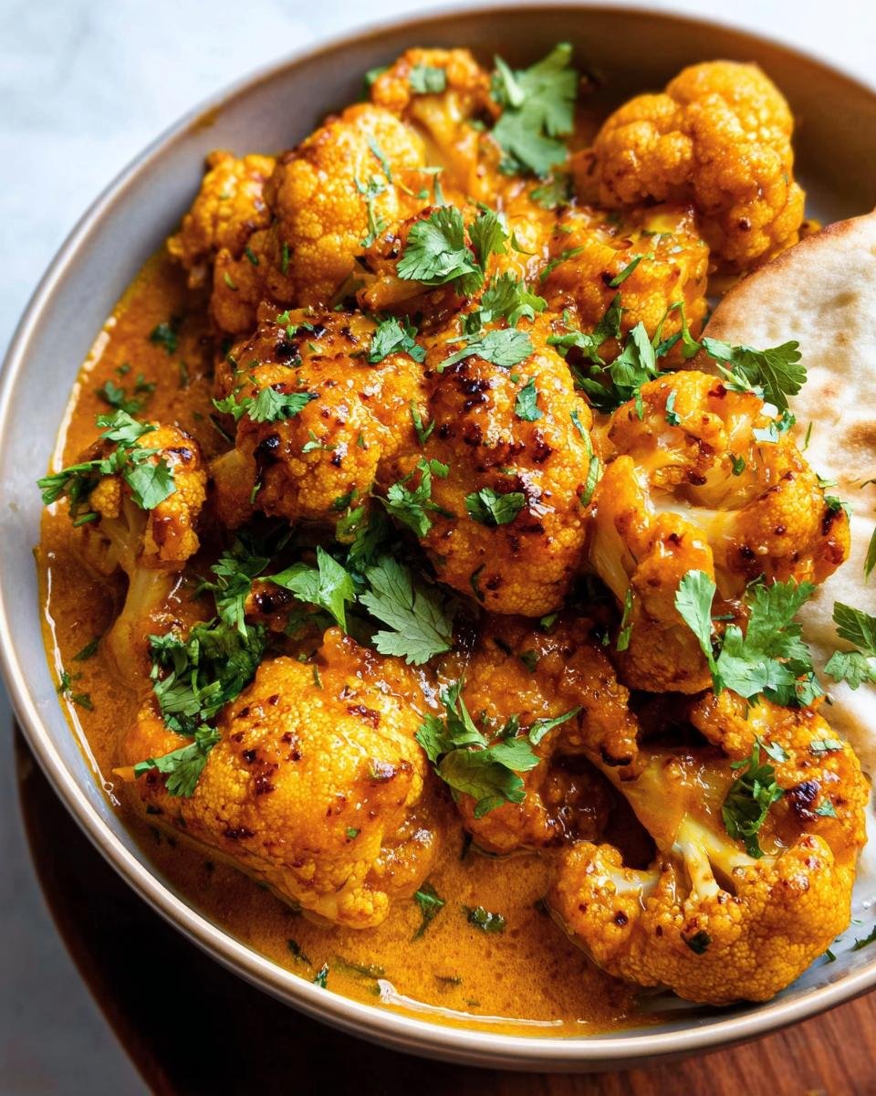 A bowl of Butter Cauliflower, garnished with fresh cilantro and served with naan bread.