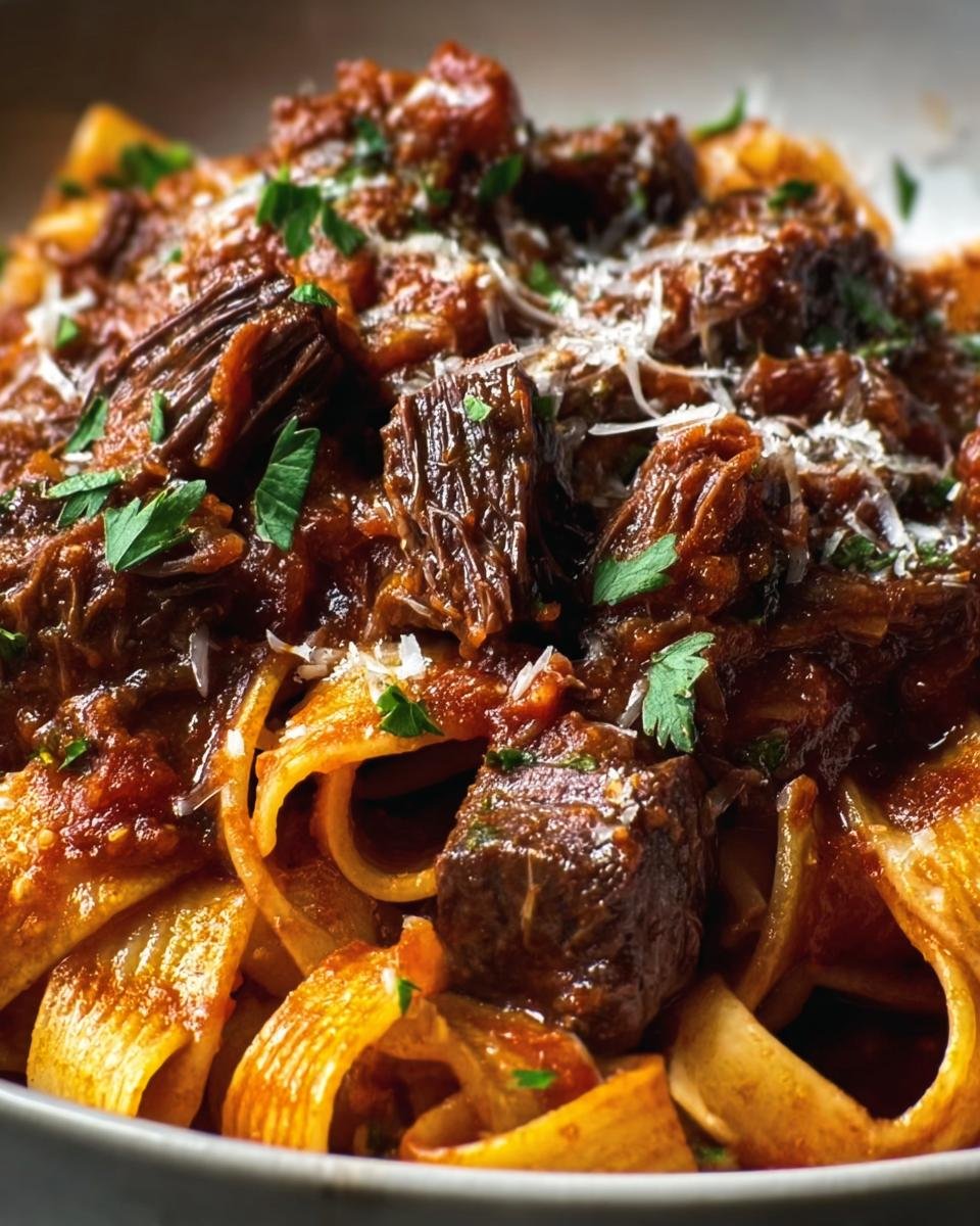 A close-up of Braised Short Rib Ragu Pasta, featuring tender short ribs, pasta, and fresh parsley.