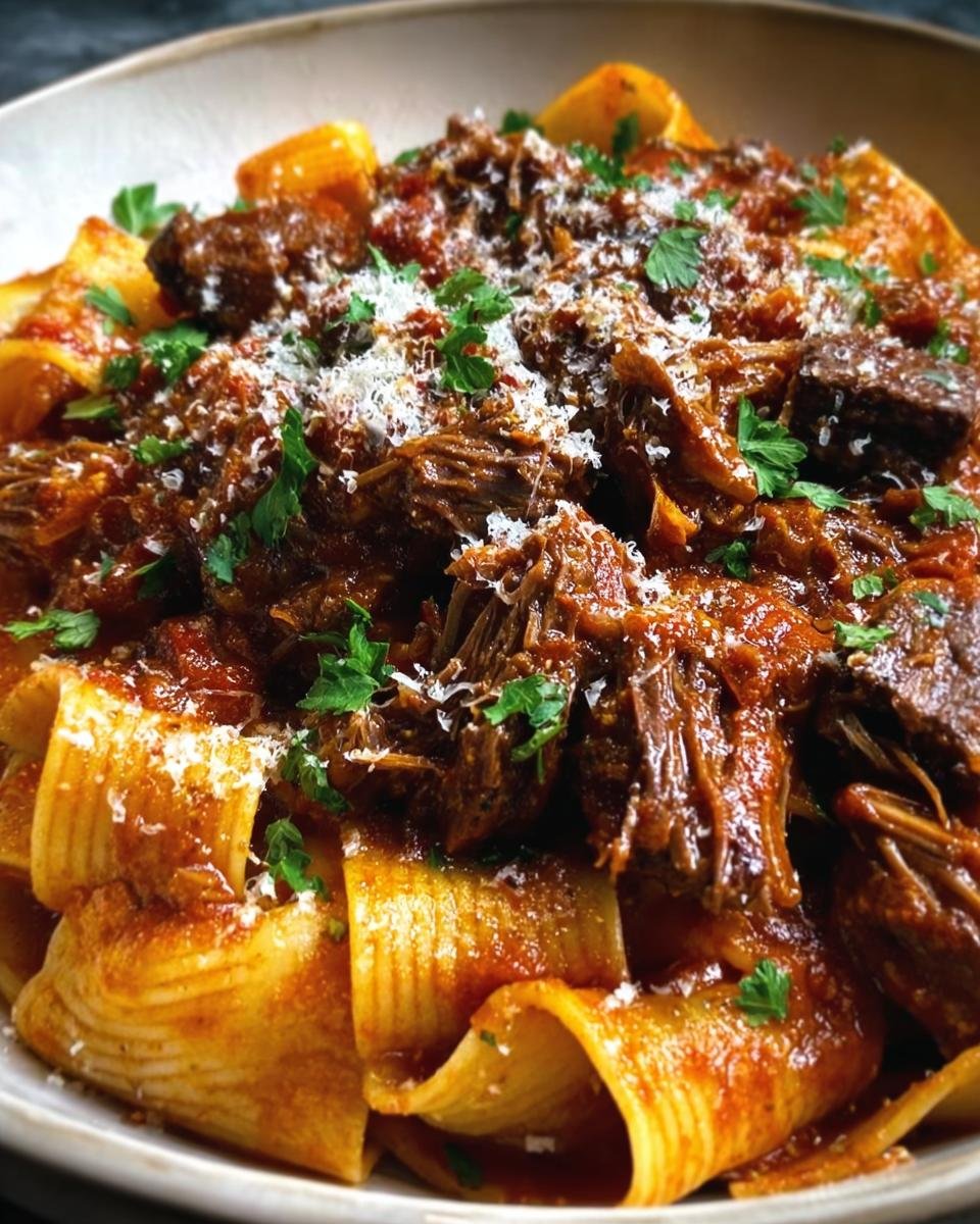 Close-up of Braised Short Rib Ragu Pasta, garnished with parsley and parmesan cheese.