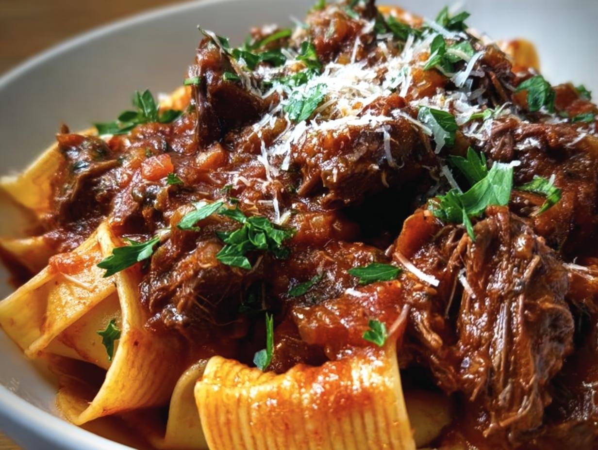 Close-up of a bowl of Braised Short Rib Ragu Pasta, topped with fresh parsley and parmesan cheese.