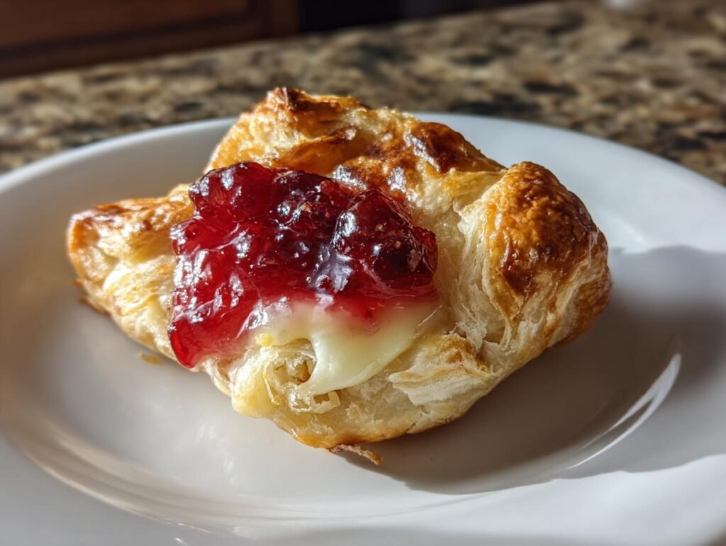 A single Brie and Cranberry Bite on a white plate, showcasing the flaky pastry, melted brie, and cranberry topping.