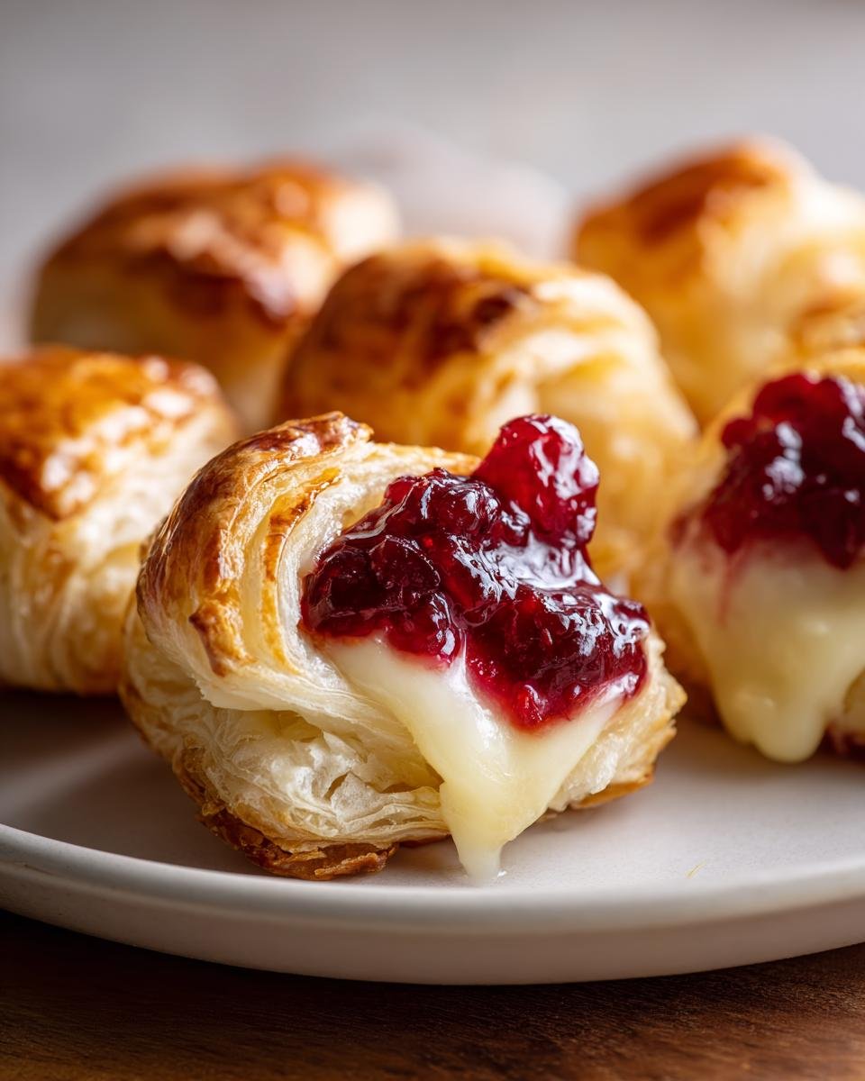 Close-up of Brie and Cranberry Bites with melted brie oozing, on a white plate.