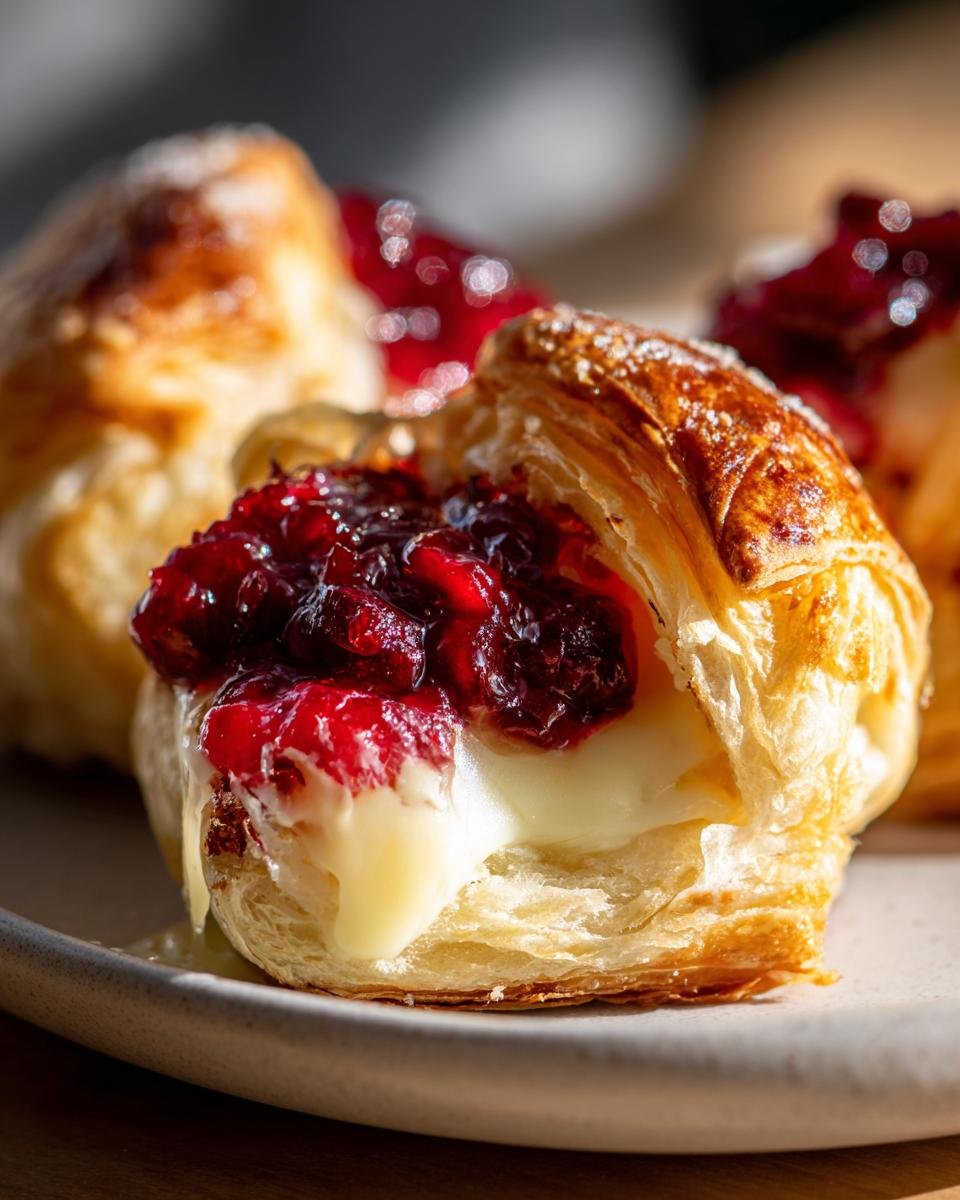Close-up of Brie and Cranberry Bites, showing flaky pastry, melted brie, and cranberry sauce.