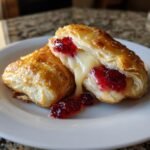 Two golden Brie and Cranberry Bites on a white plate, one cut open to reveal melted brie and cranberry sauce.