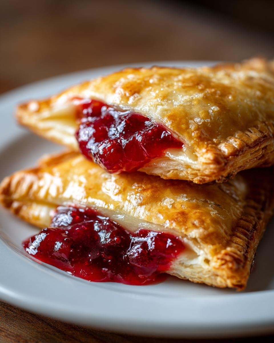 Two golden Brie and Cranberry Bites stacked on a plate, showing the flaky crust and cranberry filling.