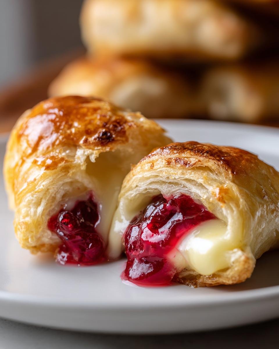 Close-up of Brie and Cranberry Bites, showcasing the melted brie and cranberry filling inside flaky pastry.