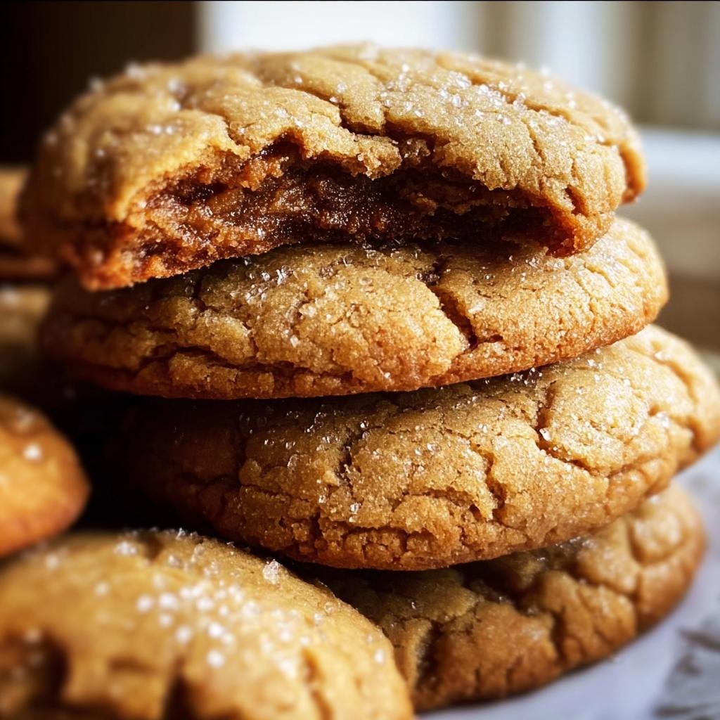 A stack of freshly baked Brown Sugar Cookies, one with a bite taken out to show the soft interior.
