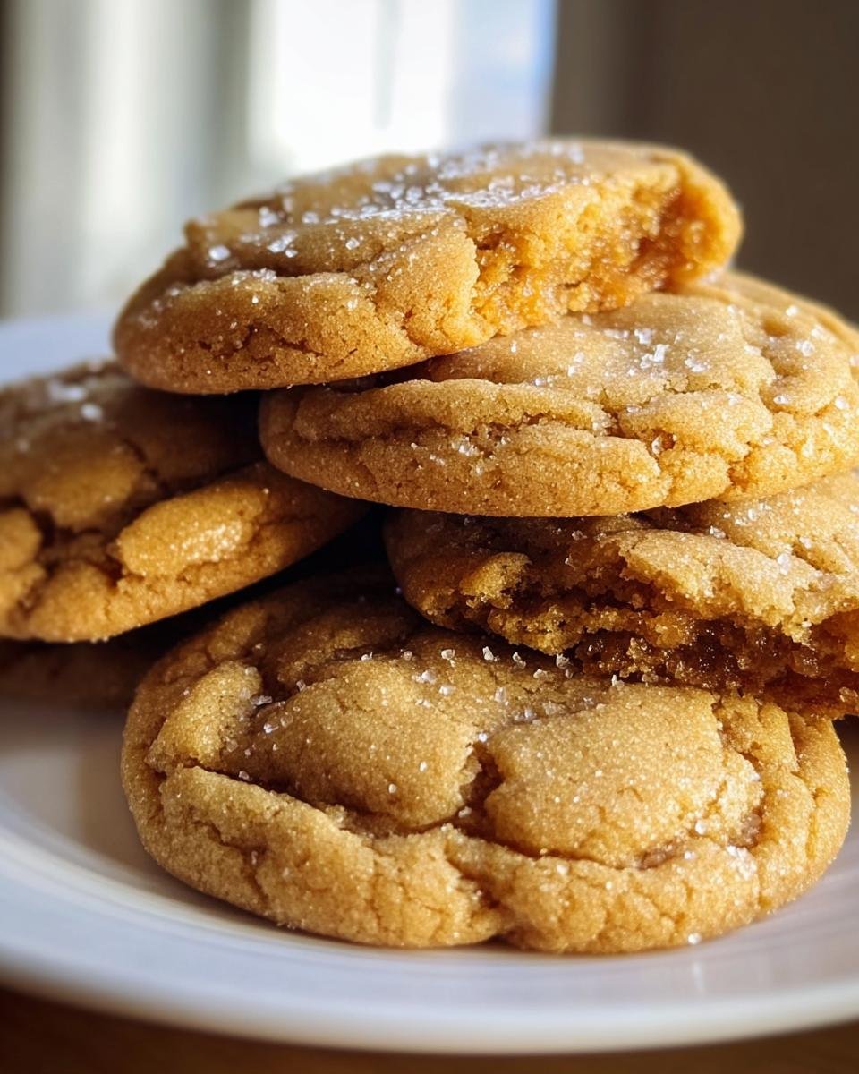 A stack of homemade brown sugar cookies, sprinkled with sugar, with one cookie broken in half to show the soft interior.