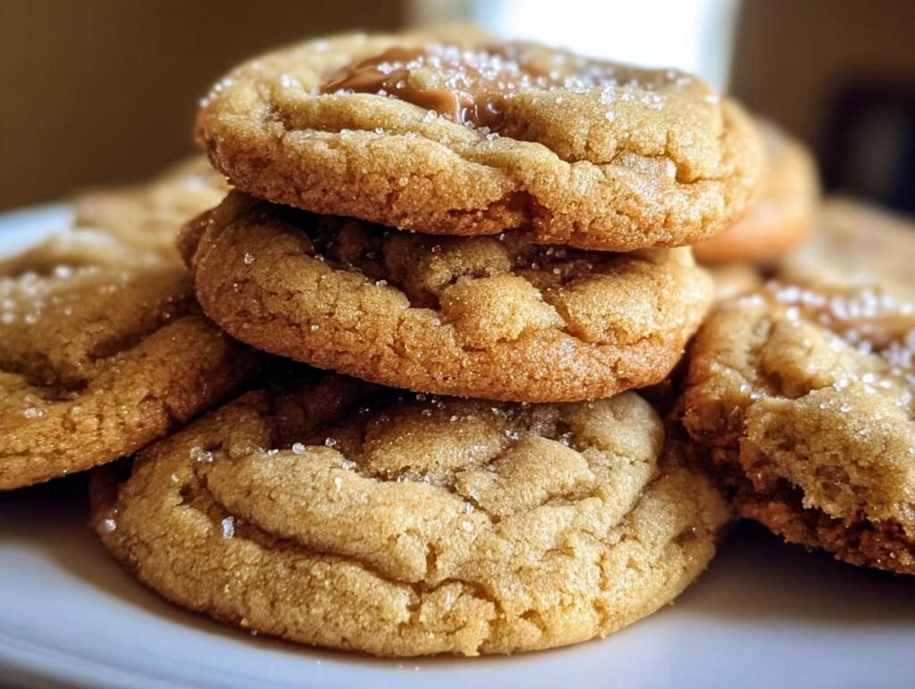 A stack of delicious homemade Brown Sugar Cookies, sprinkled with sugar crystals on a white plate.