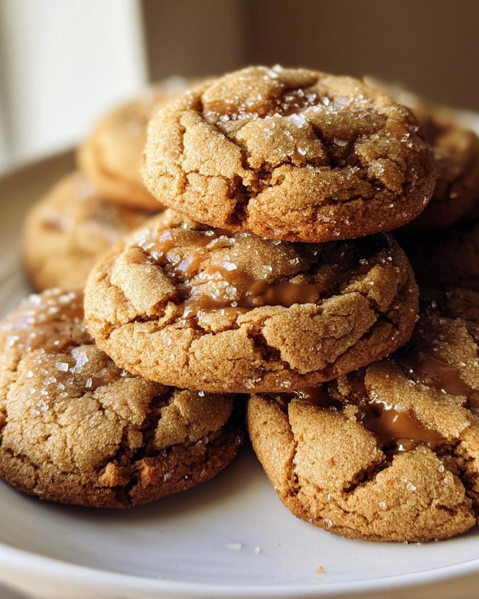 A stack of freshly baked Brown Sugar Cookies, topped with caramel and sprinkled with sugar crystals.