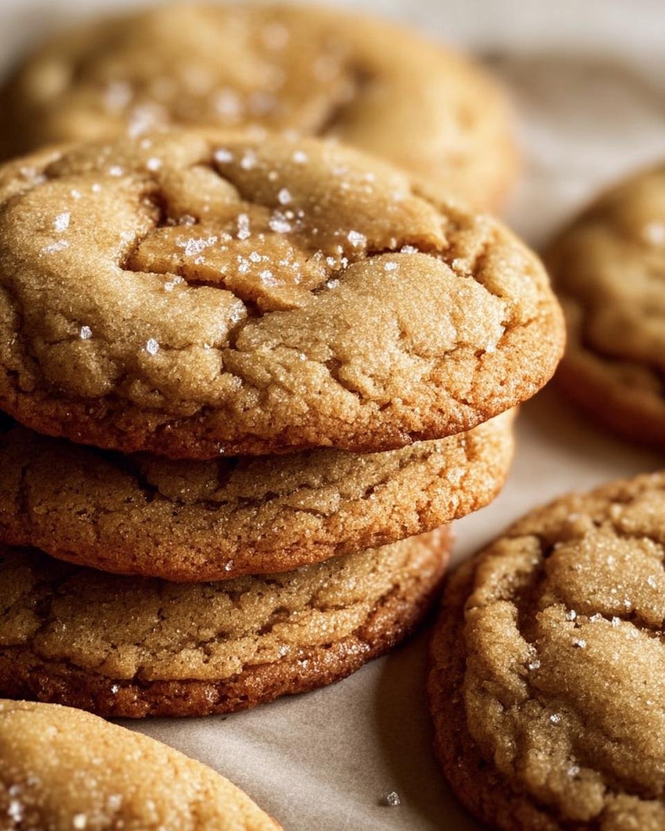 A stack of freshly baked Brown Sugar Cookies, sprinkled with coarse sugar, on parchment paper.