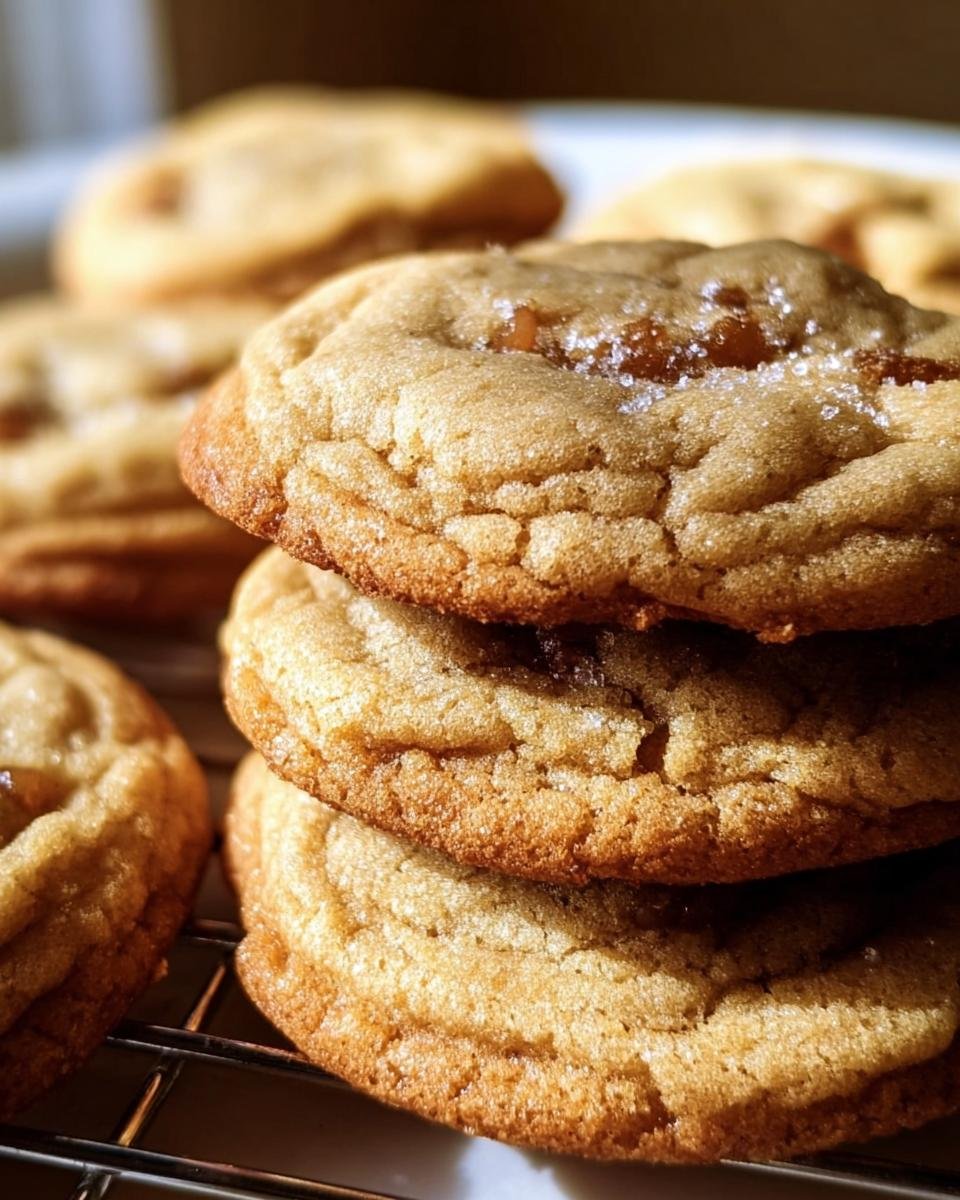A stack of freshly baked Brown Sugar Cookies on a cooling rack, showcasing their golden-brown color and sugary tops.