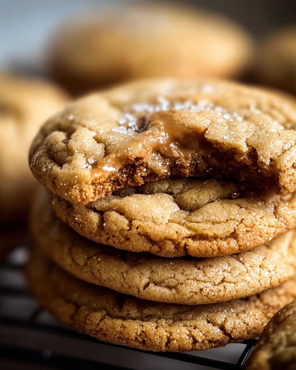 A stack of freshly baked Brown Sugar Cookies, one with a bite taken out revealing the soft inside.