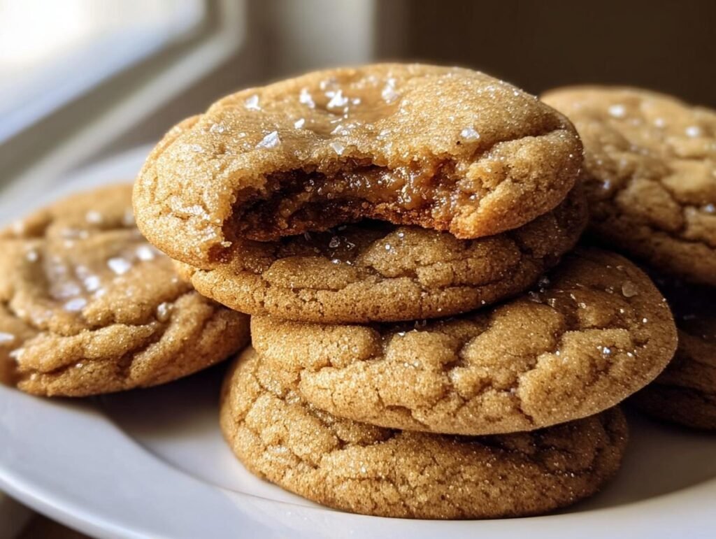 A stack of freshly baked Brown Sugar Cookies, one with a bite taken out, revealing a soft interior.