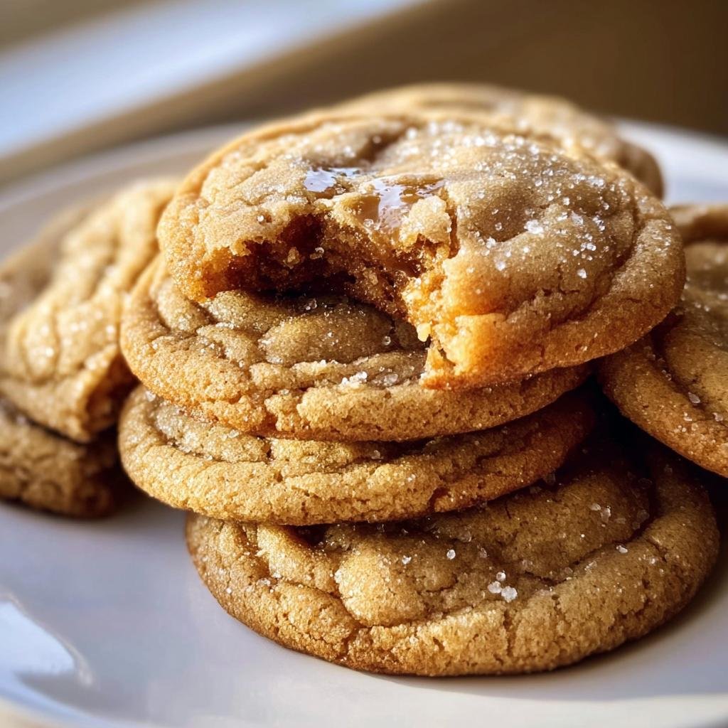A stack of tempting brown sugar cookies on a white plate, one with a bite taken out of it, sprinkled with sugar.