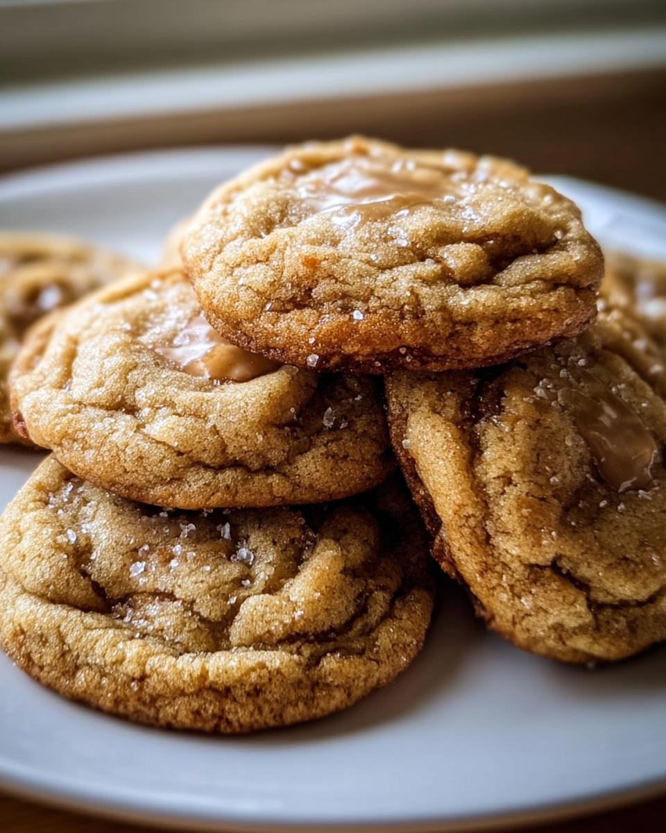 A stack of freshly baked Brown Sugar Cookies on a white plate, topped with sea salt.
