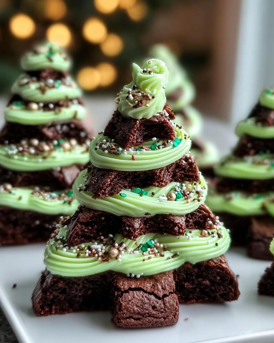 Close-up of Brownie Christmas Trees decorated with green frosting and colorful sprinkles.