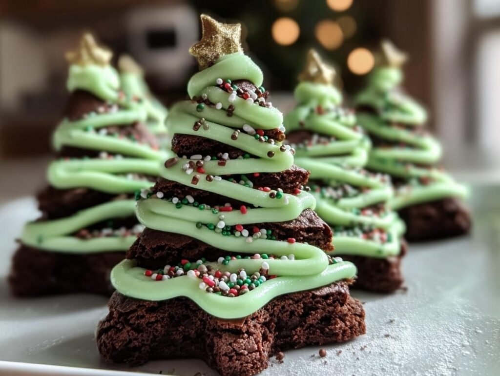 Homemade Brownie Christmas Trees decorated with green frosting, sprinkles, and a star on top.