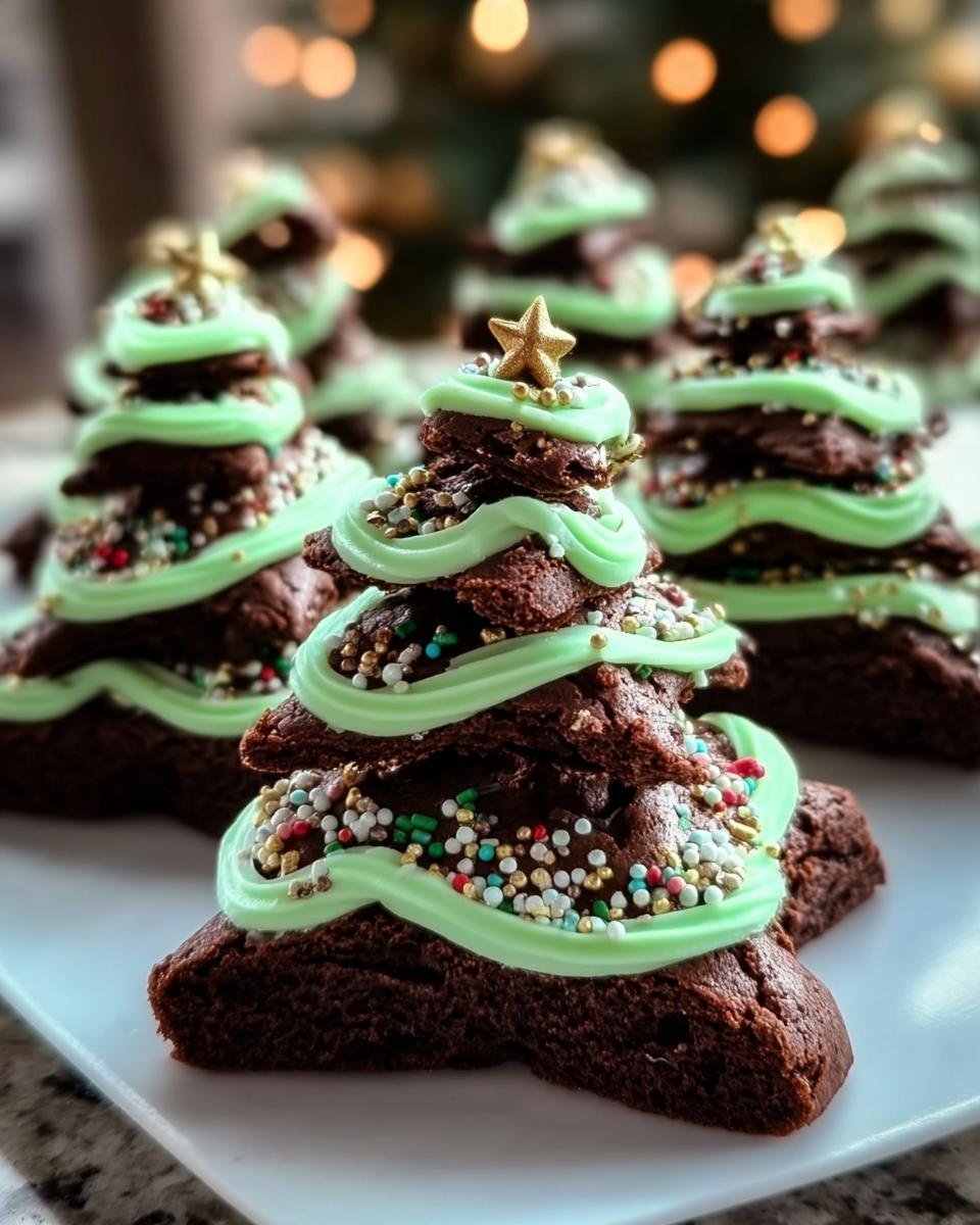 Homemade Brownie Christmas Trees decorated with green frosting, sprinkles, and a star on top.