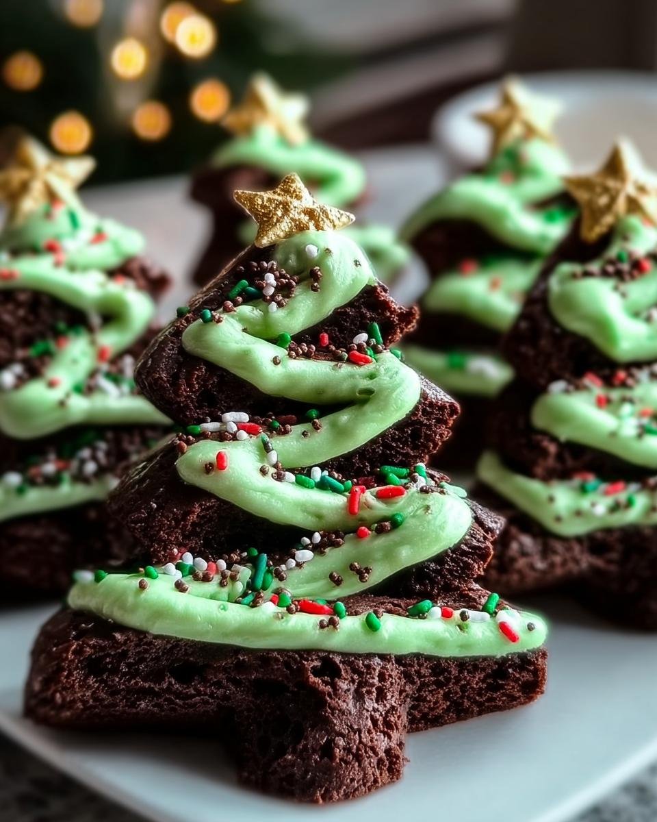 Close-up of stacked Brownie Christmas Trees decorated with green frosting, sprinkles, and a gold star.