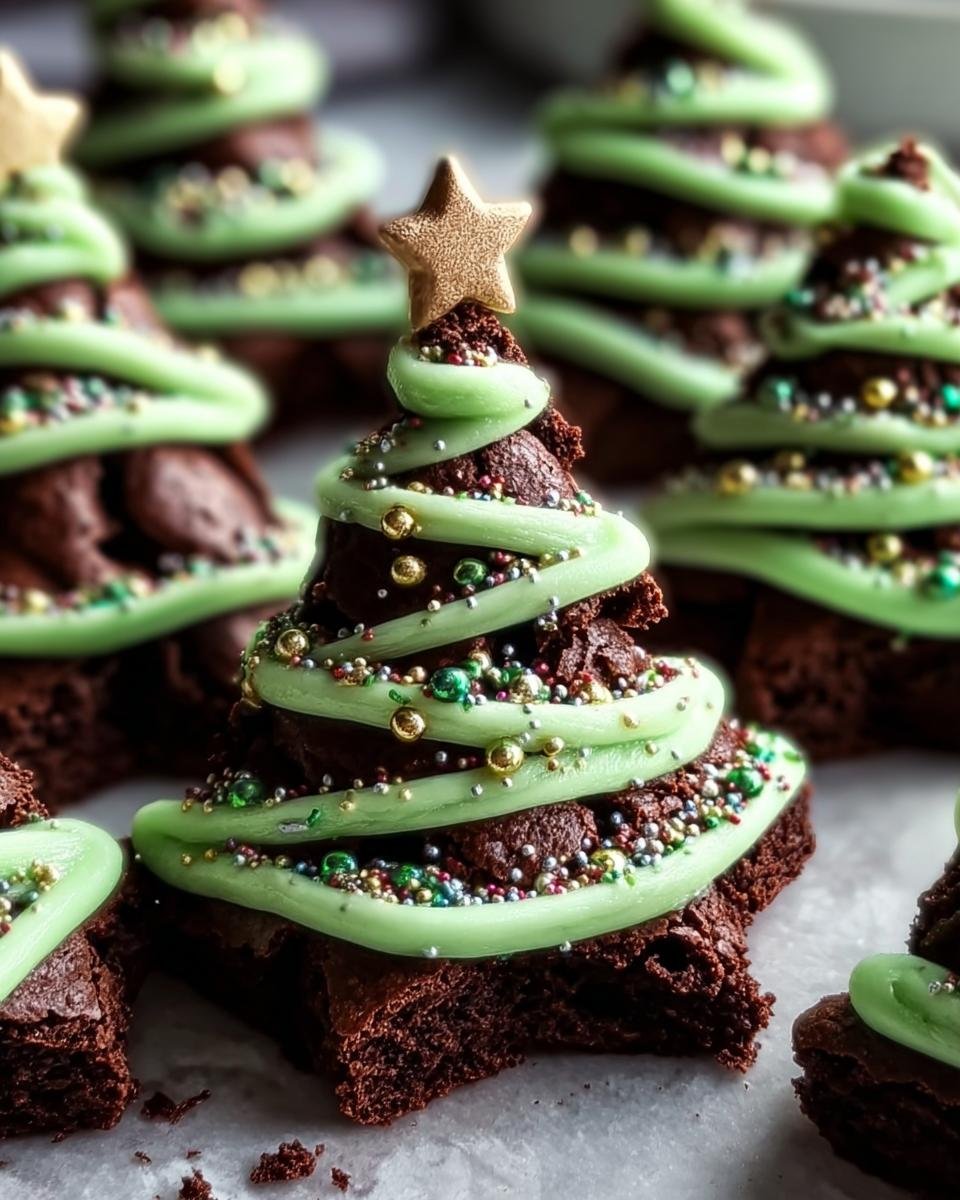 Close-up of homemade Brownie Christmas Trees decorated with green frosting, sprinkles, and a star on top.