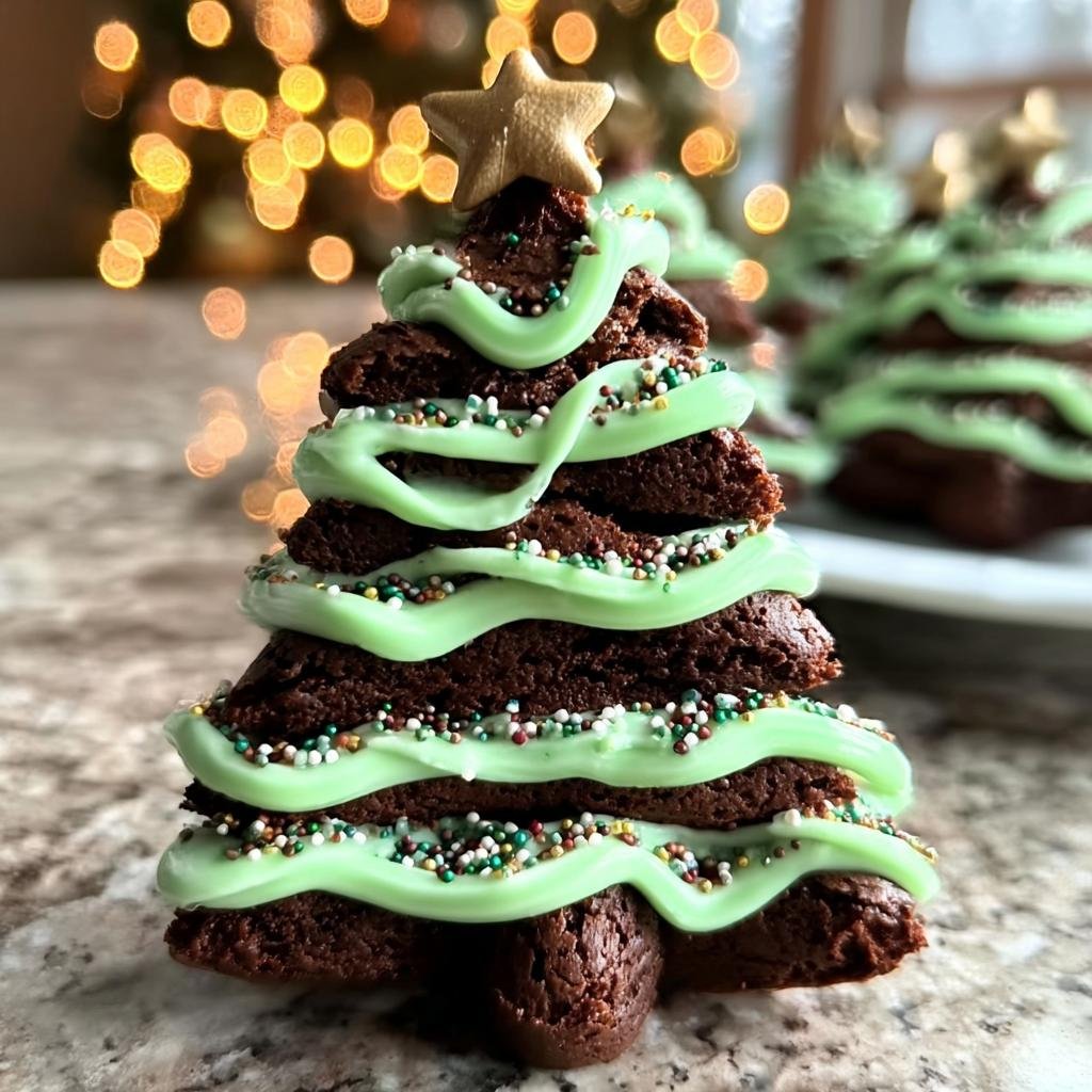 A delicious Brownie Christmas Tree decorated with green icing and sprinkles, topped with a star.