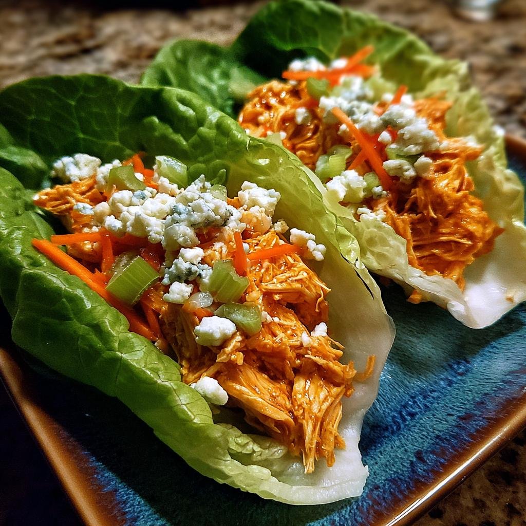 Two Buffalo Chicken Lettuce Wraps filled with shredded chicken, carrots, celery, and blue cheese on a blue plate.