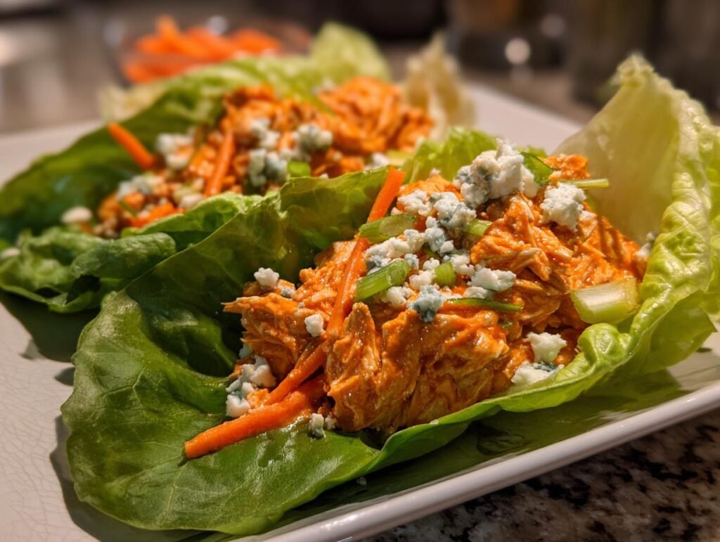 Two Buffalo Chicken Lettuce Wraps topped with blue cheese, carrots, and scallions on a white plate.