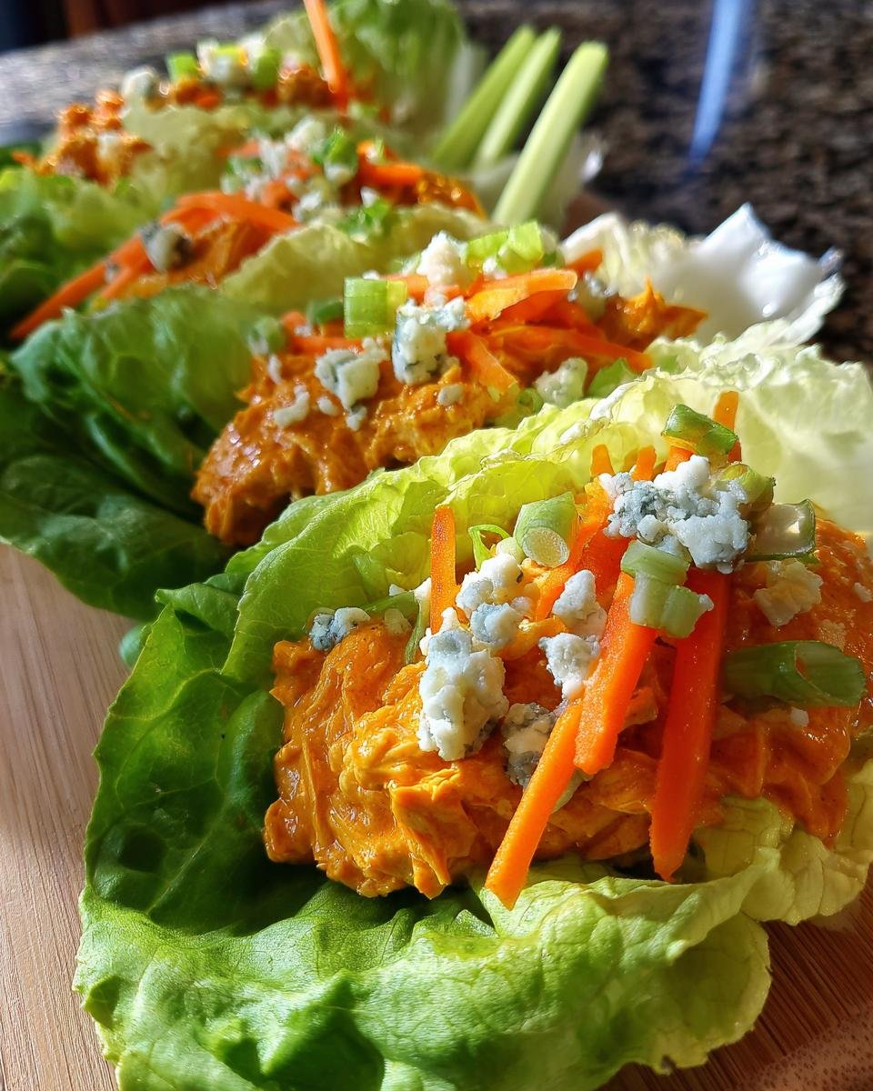 Close-up of Buffalo Chicken Lettuce Wraps topped with blue cheese, carrots, and green onions.