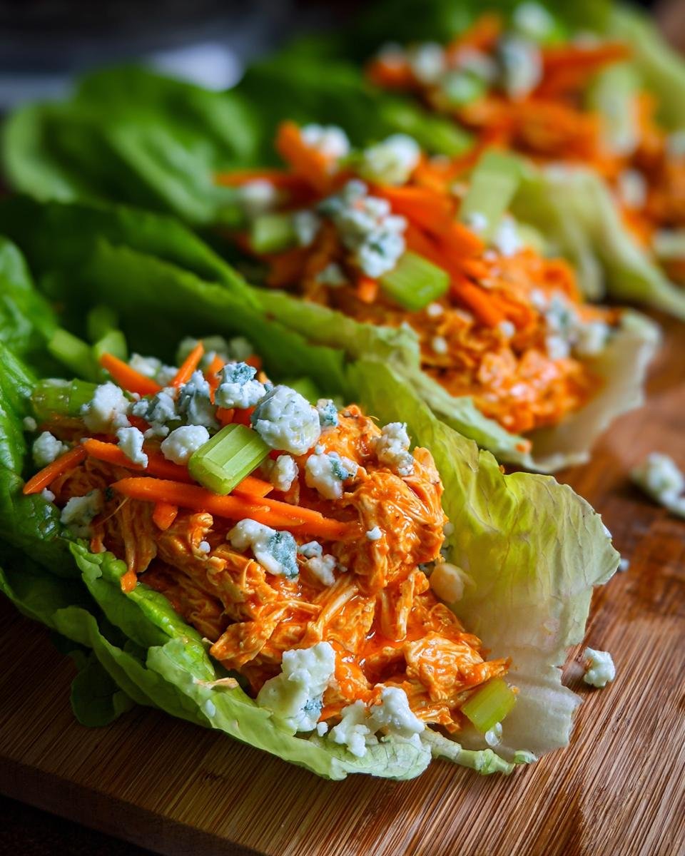Close-up of Buffalo Chicken Lettuce Wraps topped with blue cheese, carrots, and celery.