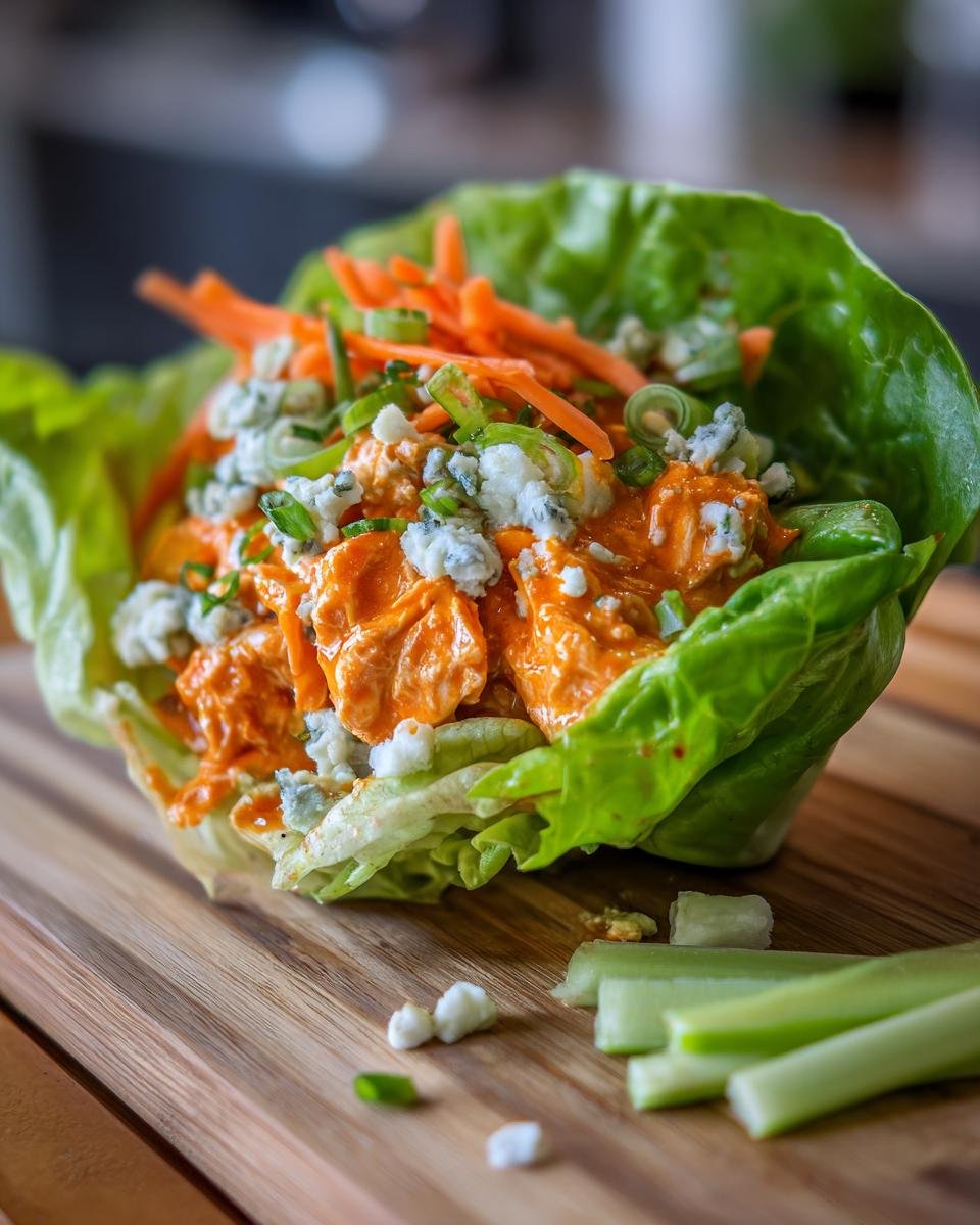 A single Buffalo Chicken Lettuce Wrap with blue cheese, carrots, and celery sticks on a wooden board.