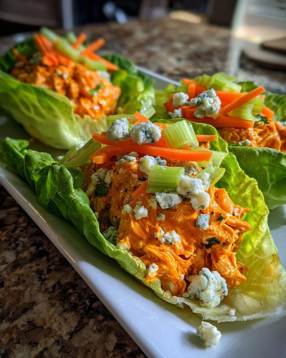 Three Buffalo Chicken Lettuce Wraps on a white plate, topped with celery, carrots, and blue cheese.