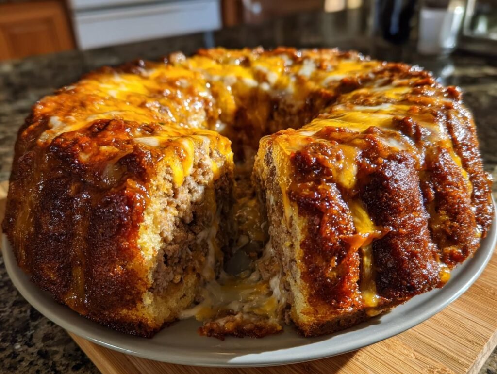 Bundt Pan Nachos with layers of cornbread, meat, chili, and melted cheese, served on a plate.