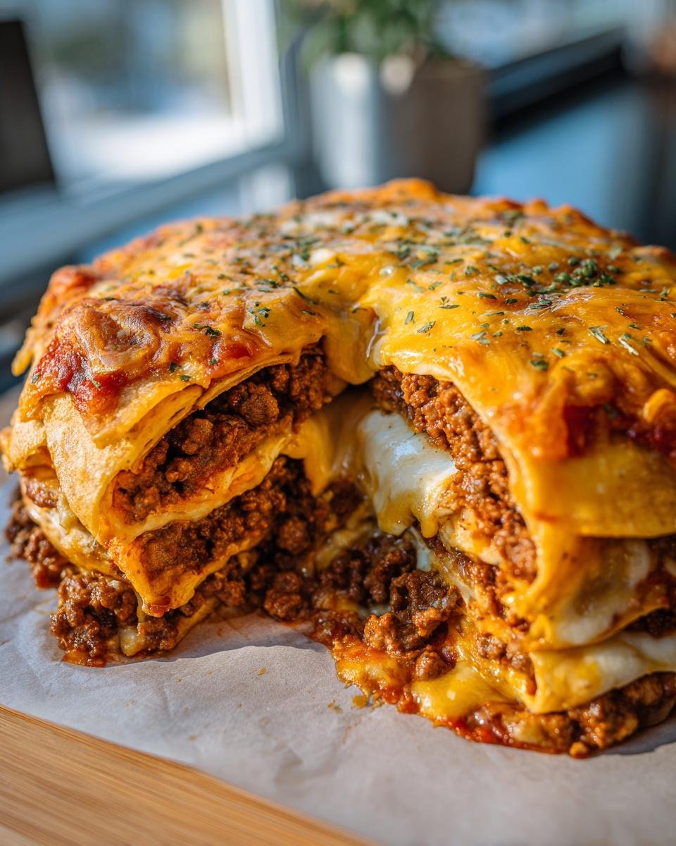 Close-up of Bundt Pan Nachos featuring layers of tortilla chips, seasoned beef, and melted cheese.