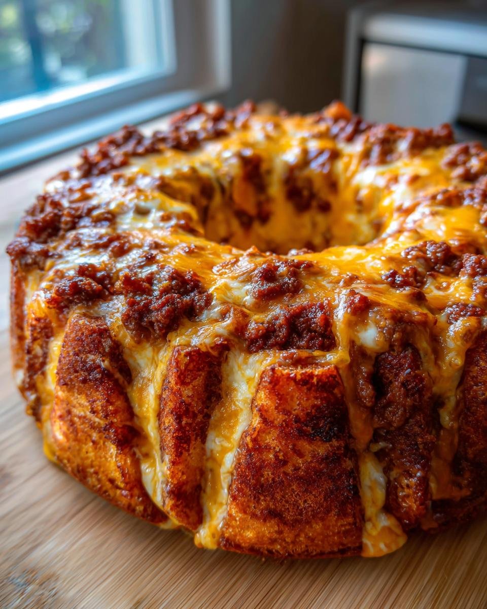 A close-up of Bundt Pan Nachos, featuring layers of dough, melted cheese, and seasoned ground beef.