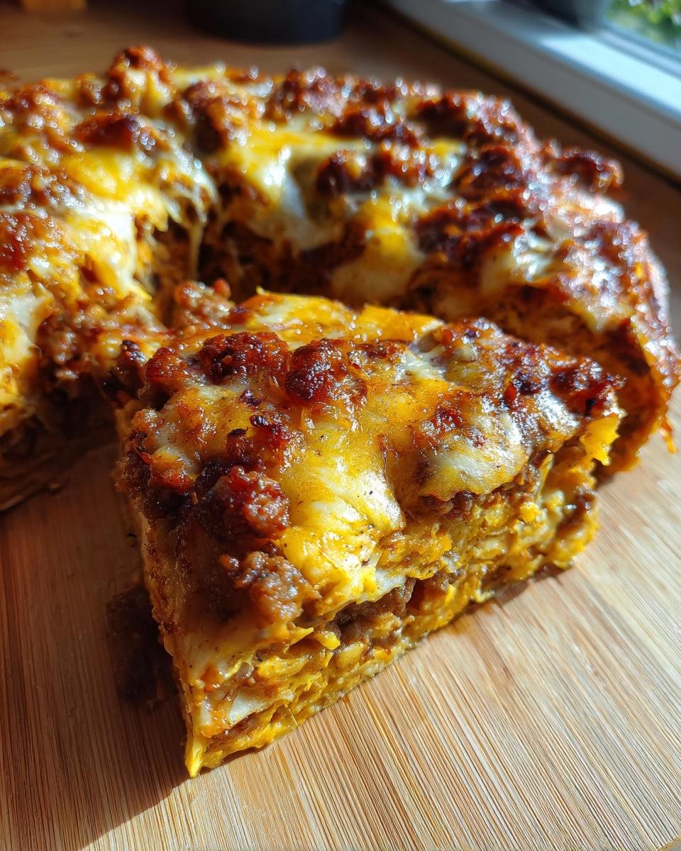 A slice of Bundt Pan Nachos showing layers of chips, cheese, and seasoned meat.