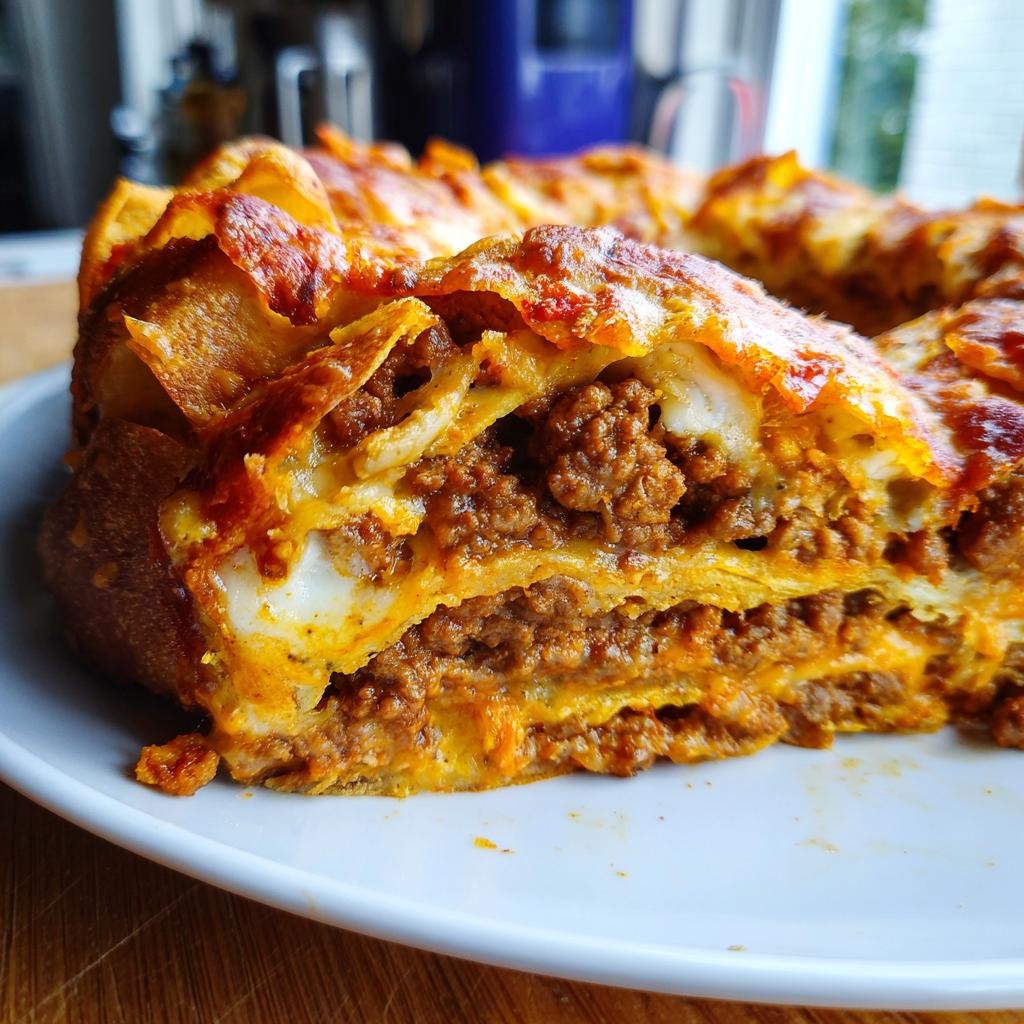 Close-up of a slice of Bundt Pan Nachos, showing layers of tortilla chips, ground beef, and melted cheese.