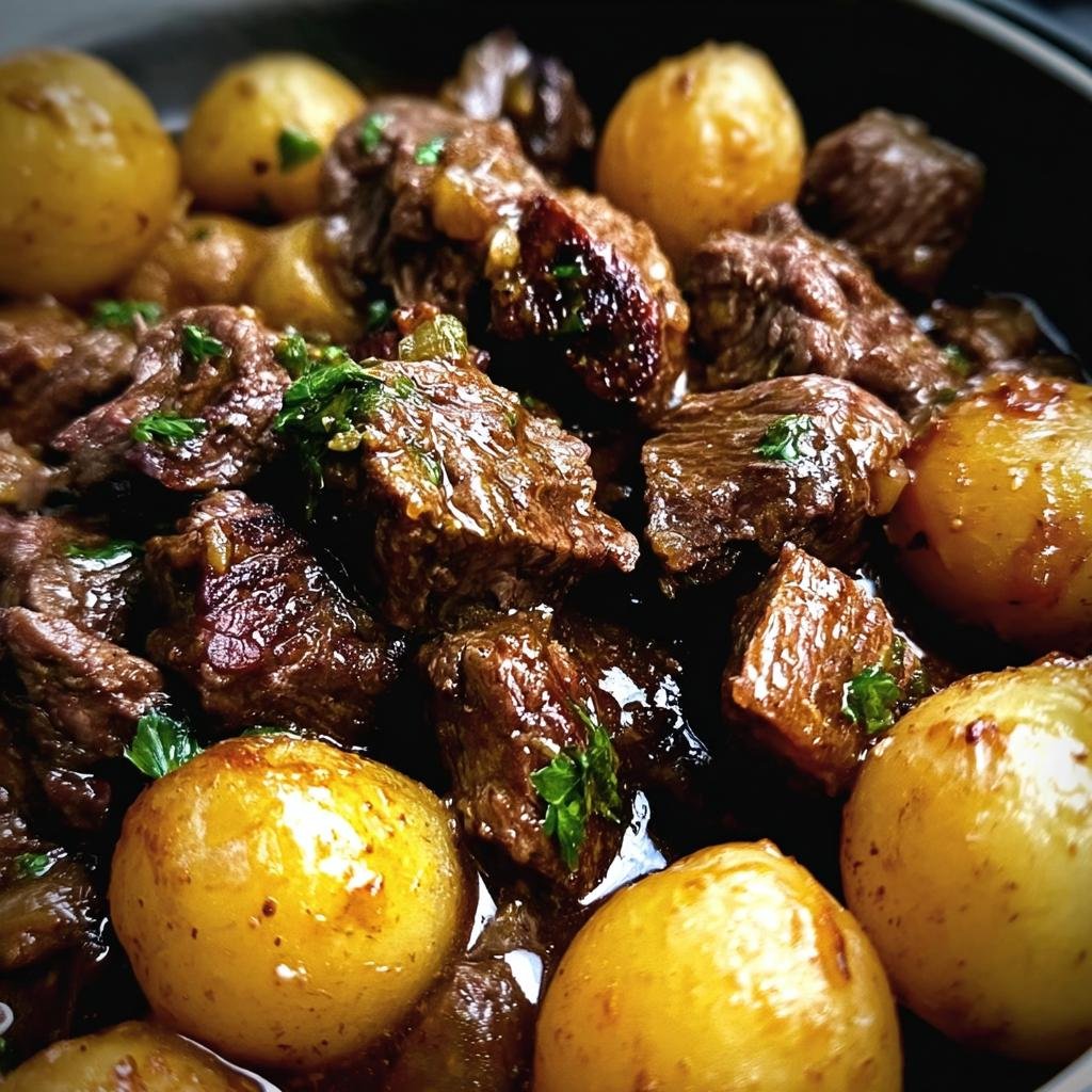 Close-up of savory Butter Beef Bites with Potatoes, garnished with fresh herbs.