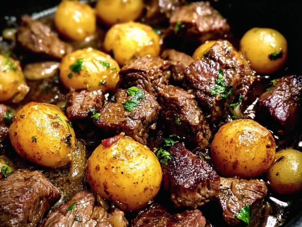 A close-up of Butter Beef Bites with Potatoes, featuring tender beef and golden potatoes, garnished with fresh herbs.