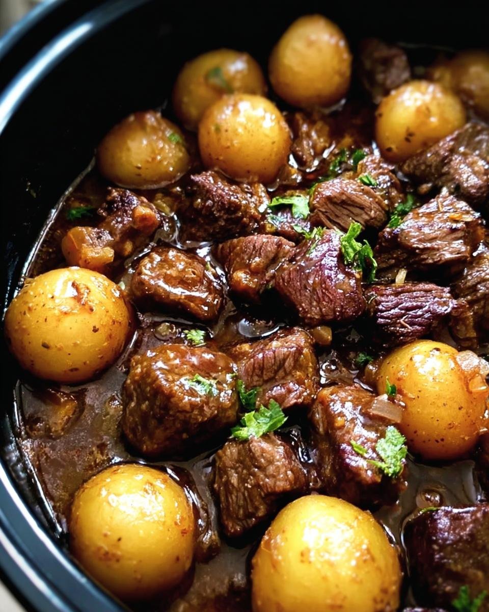 Close-up of Butter Beef Bites with Potatoes, showing tender beef and golden potatoes in a rich sauce.