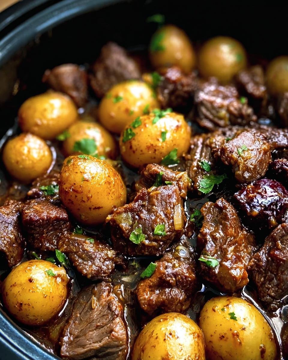 Close-up of tender Butter Beef Bites with Potatoes, garnished with fresh parsley.