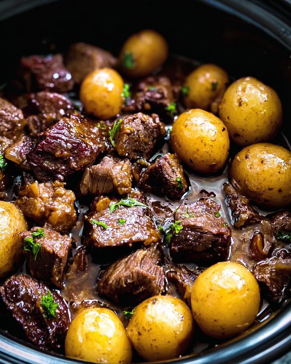 Close-up of Butter Beef Bites with Potatoes, featuring tender beef and golden potatoes in a rich sauce.