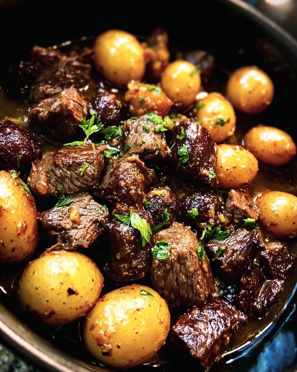 Close-up of Butter Beef Bites with Potatoes, garnished with parsley in a dark pan.