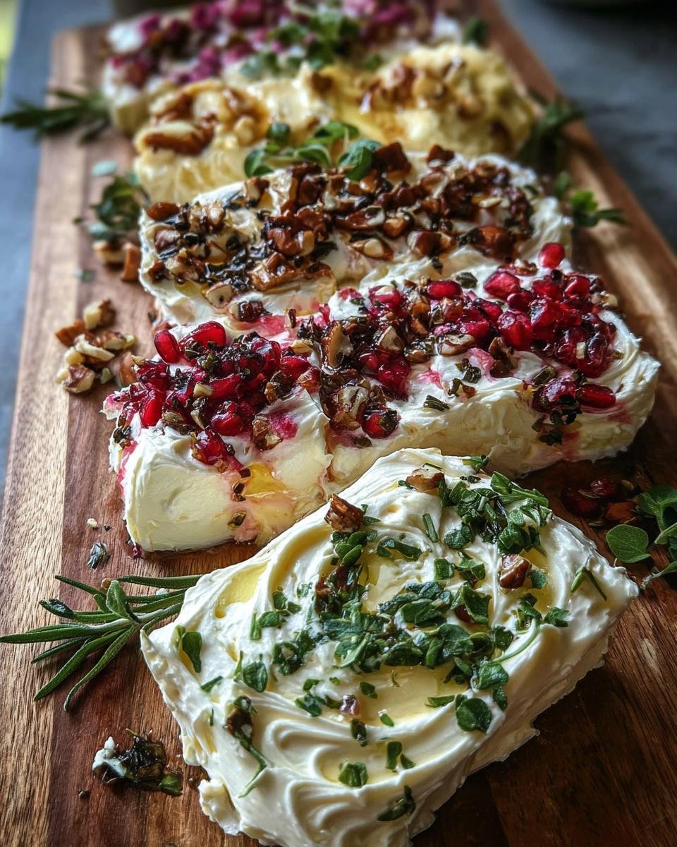 A wooden board showcasing The Art of Butter Boarding, decorated with herbs, nuts, and pomegranate seeds.