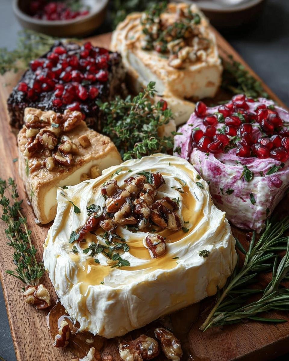 A wooden board featuring different butter boarding flavor combinations, topped with nuts, pomegranate, and herbs.
