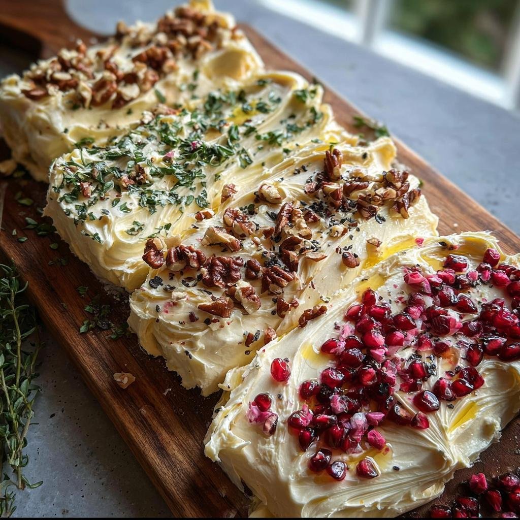 A wooden board showcasing the art of butter boarding, topped with nuts, herbs, and vibrant pomegranate seeds.
