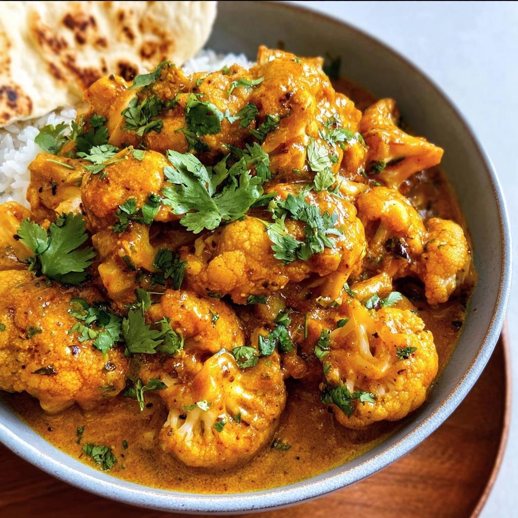 A bowl of Butter Cauliflower served with rice and naan bread, garnished with fresh cilantro.